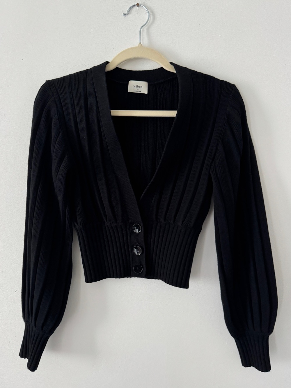 Aritzia Wilfred Black Plunge Front Cardigan - Ribbed V-Neck Cropped Cardigan